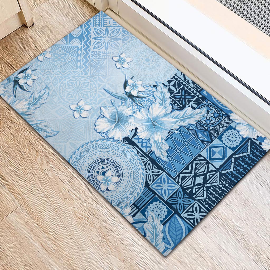 Hawaii Tapa Pattern With Blue Hibiscus Rubber Doormat