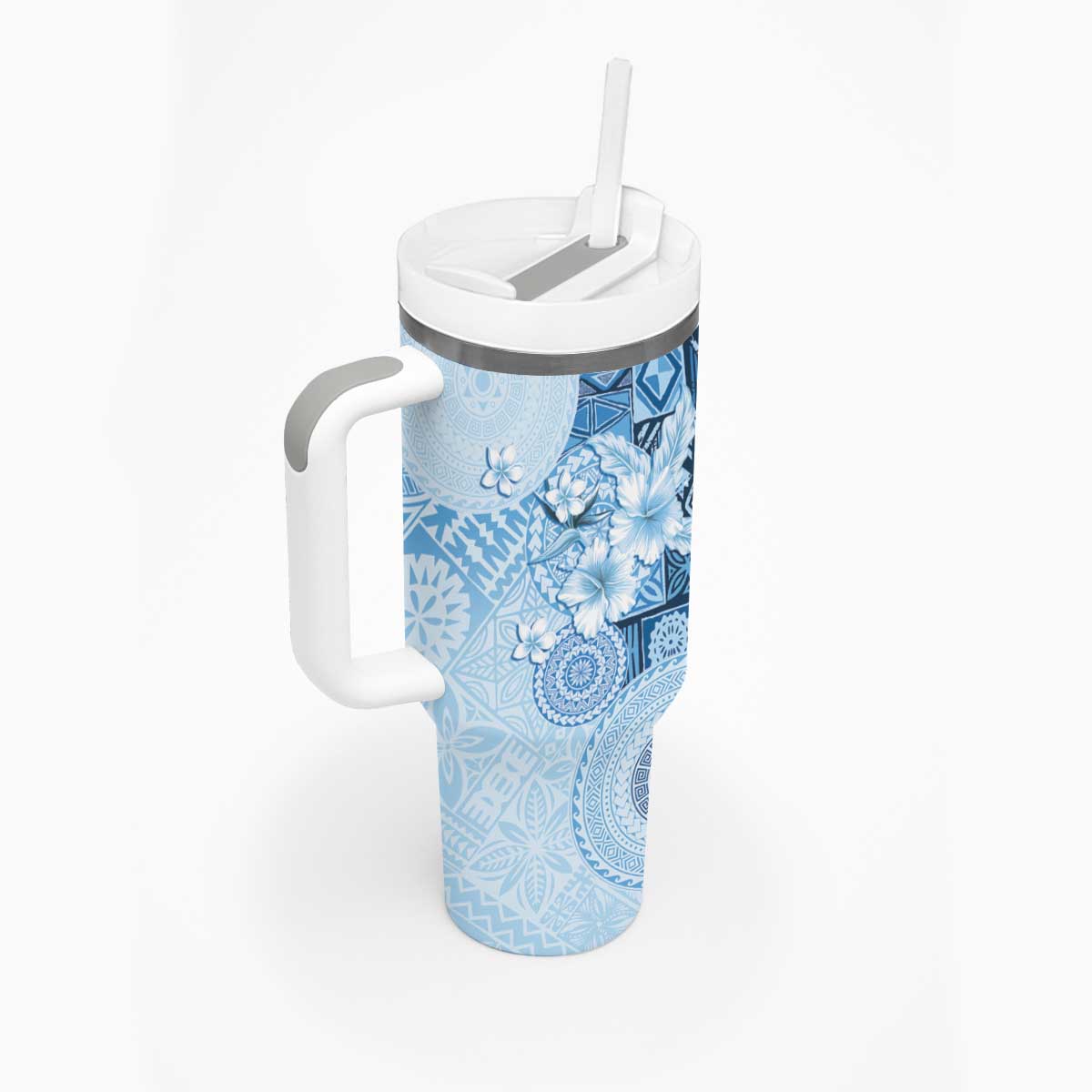 Hawaii Tapa Pattern With Blue Hibiscus Tumbler With Handle
