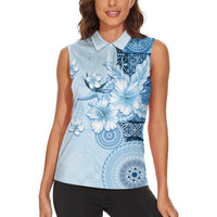 Hawaii Tapa Pattern With Blue Hibiscus Women Sleeveless Polo Shirt