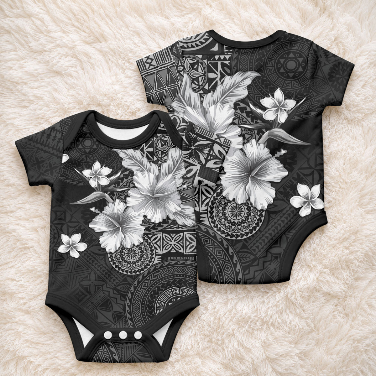 Hawaii Tapa Pattern With Black Hibiscus Baby Onesie LT05 - Polynesian Pride