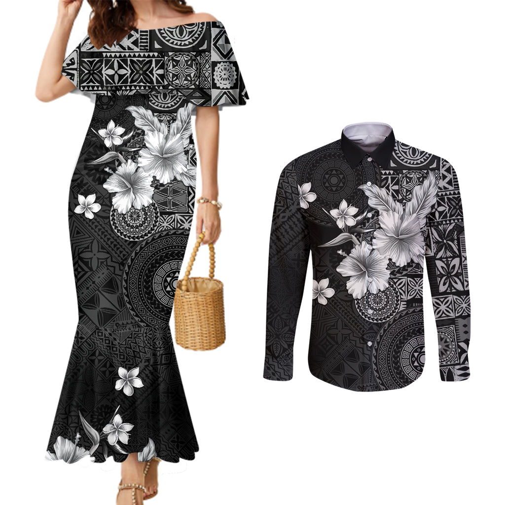 Hawaii Tapa Pattern With Black Hibiscus Couples Matching Mermaid Dress and Long Sleeve Button Shirt