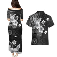 Hawaii Tapa Pattern With Black Hibiscus Couples Matching Puletasi and Hawaiian Shirt