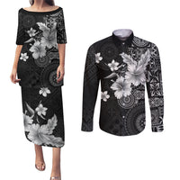 Hawaii Tapa Pattern With Black Hibiscus Couples Matching Puletasi and Long Sleeve Button Shirt