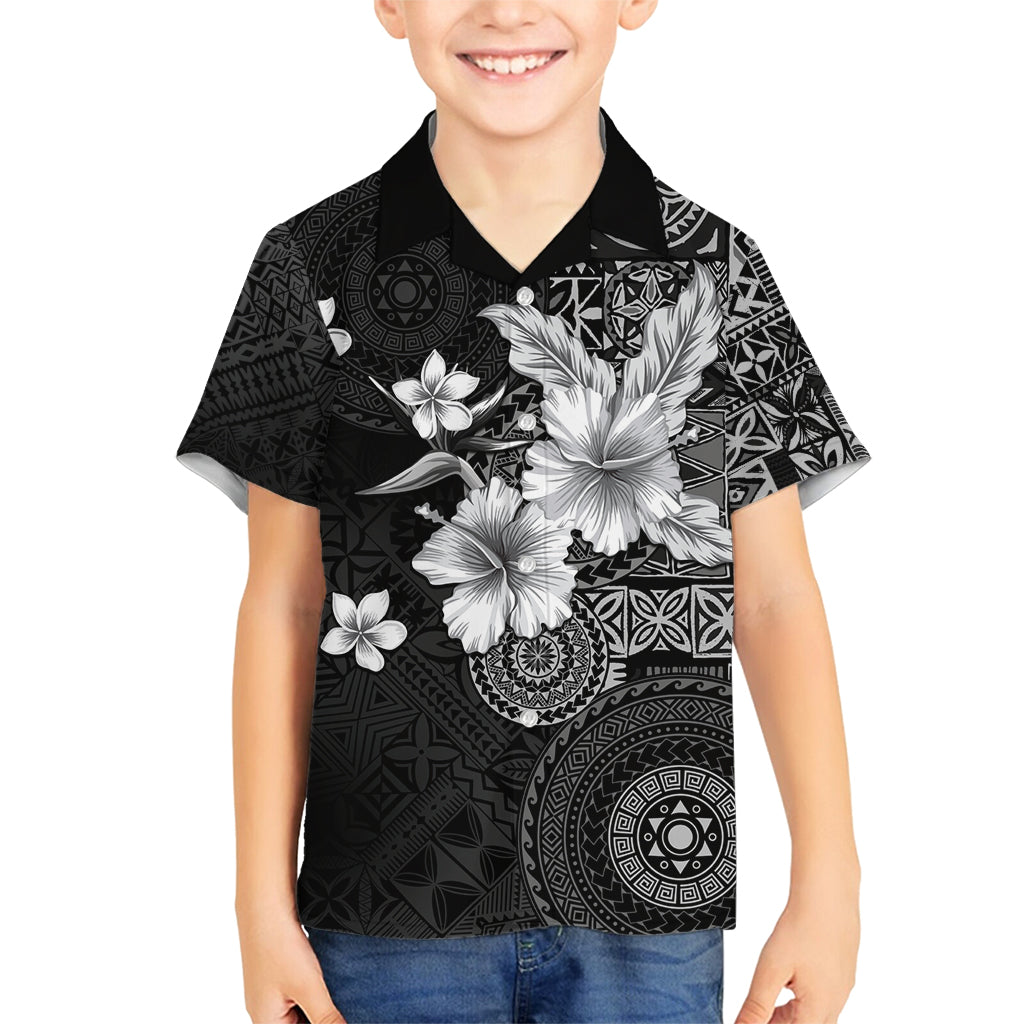 Hawaii Tapa Pattern With Black Hibiscus Family Matching Tank Maxi Dress and Hawaiian Shirt