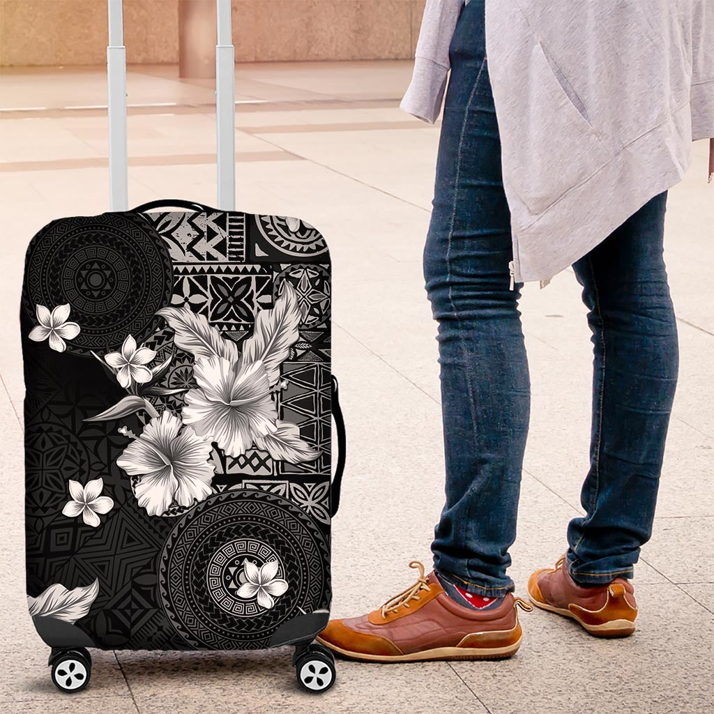 Hawaii Tapa Pattern With Black Hibiscus Luggage Cover LT05 Black - Polynesian Pride