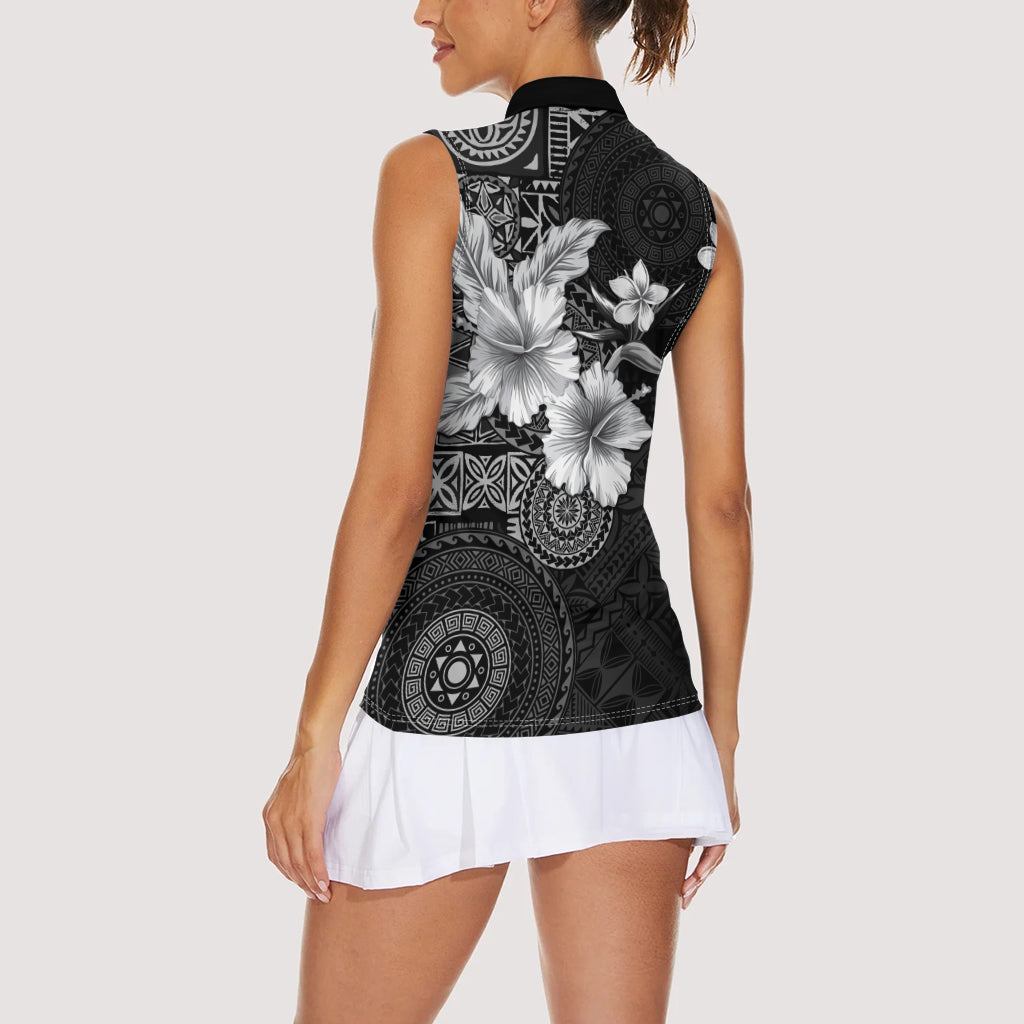 Hawaii Tapa Pattern With Black Hibiscus Women Sleeveless Polo Shirt
