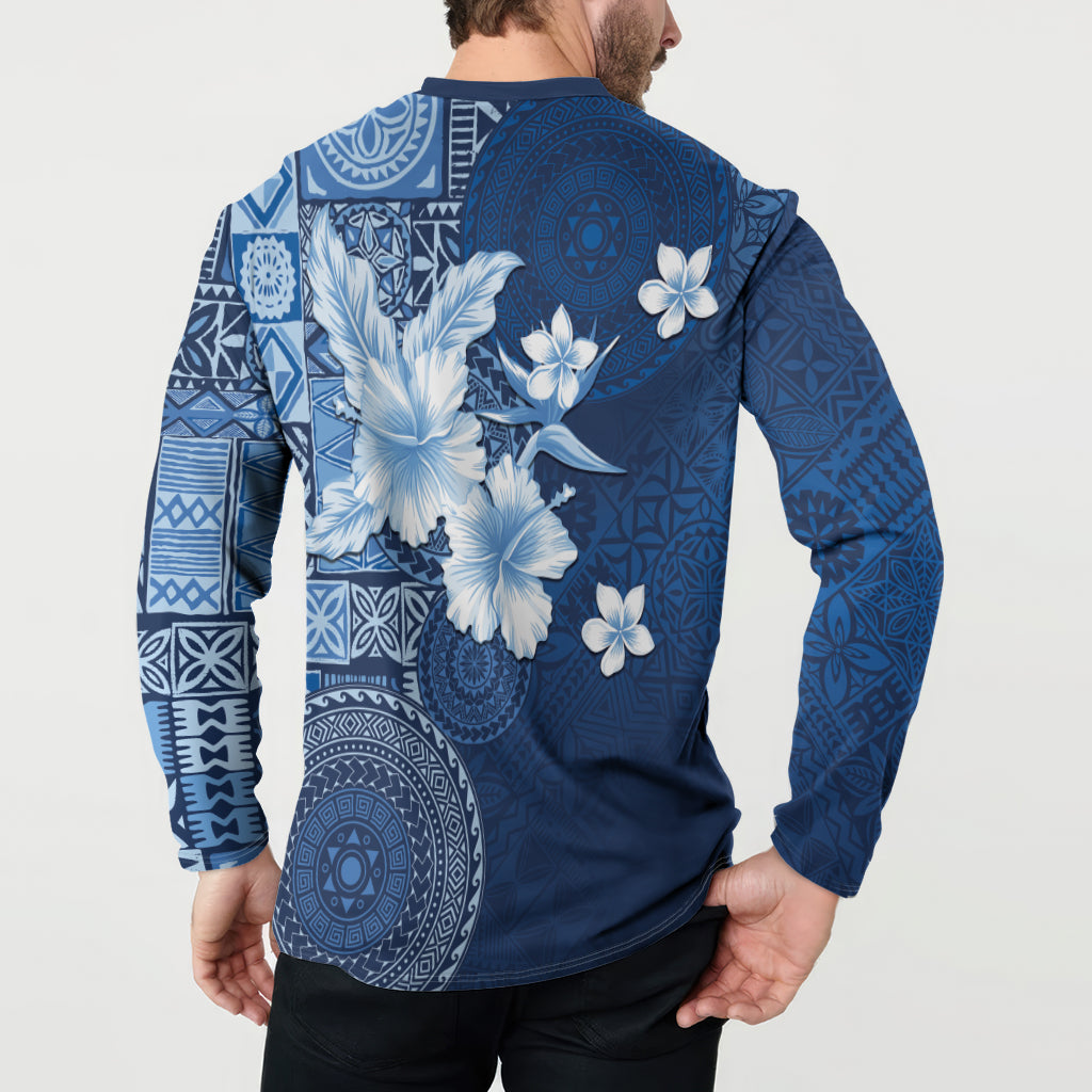 Hawaii Tapa Pattern With Navy Hibiscus Button Sweatshirt
