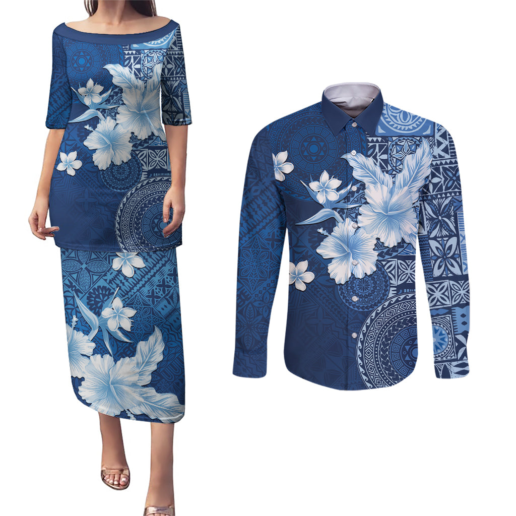 Hawaii Tapa Pattern With Navy Hibiscus Couples Matching Puletasi and Long Sleeve Button Shirt
