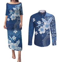 Hawaii Tapa Pattern With Navy Hibiscus Couples Matching Puletasi and Long Sleeve Button Shirt