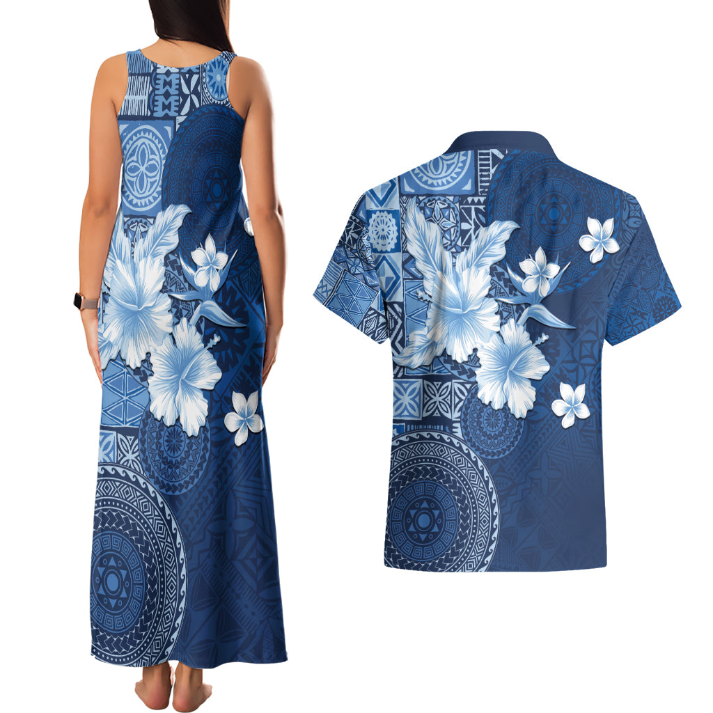 Hawaii Tapa Pattern With Navy Hibiscus Couples Matching Tank Maxi Dress and Hawaiian Shirt