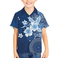 Hawaii Tapa Pattern With Navy Hibiscus Family Matching Off Shoulder Maxi Dress and Hawaiian Shirt