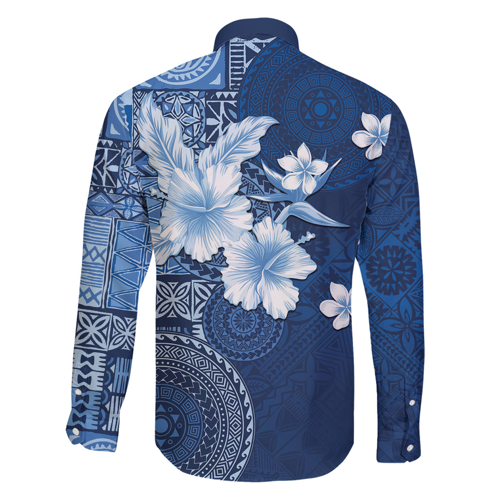 Hawaii Tapa Pattern With Navy Hibiscus Family Matching Short Sleeve Bodycon Dress and Hawaiian Shirt