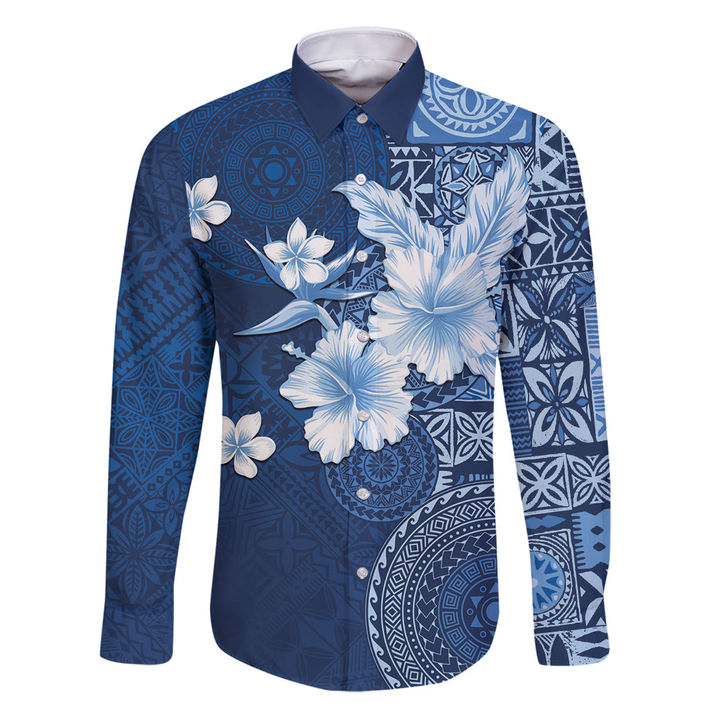 Hawaii Tapa Pattern With Navy Hibiscus Family Matching Summer Maxi Dress and Hawaiian Shirt