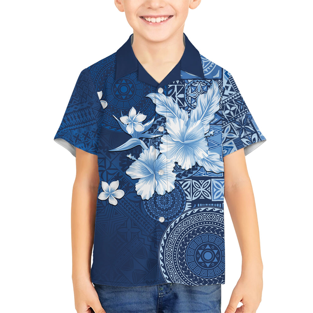 Hawaii Tapa Pattern With Navy Hibiscus Family Matching Summer Maxi Dress and Hawaiian Shirt