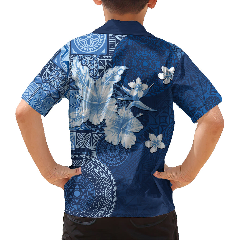 Hawaii Tapa Pattern With Navy Hibiscus Family Matching Tank Maxi Dress and Hawaiian Shirt