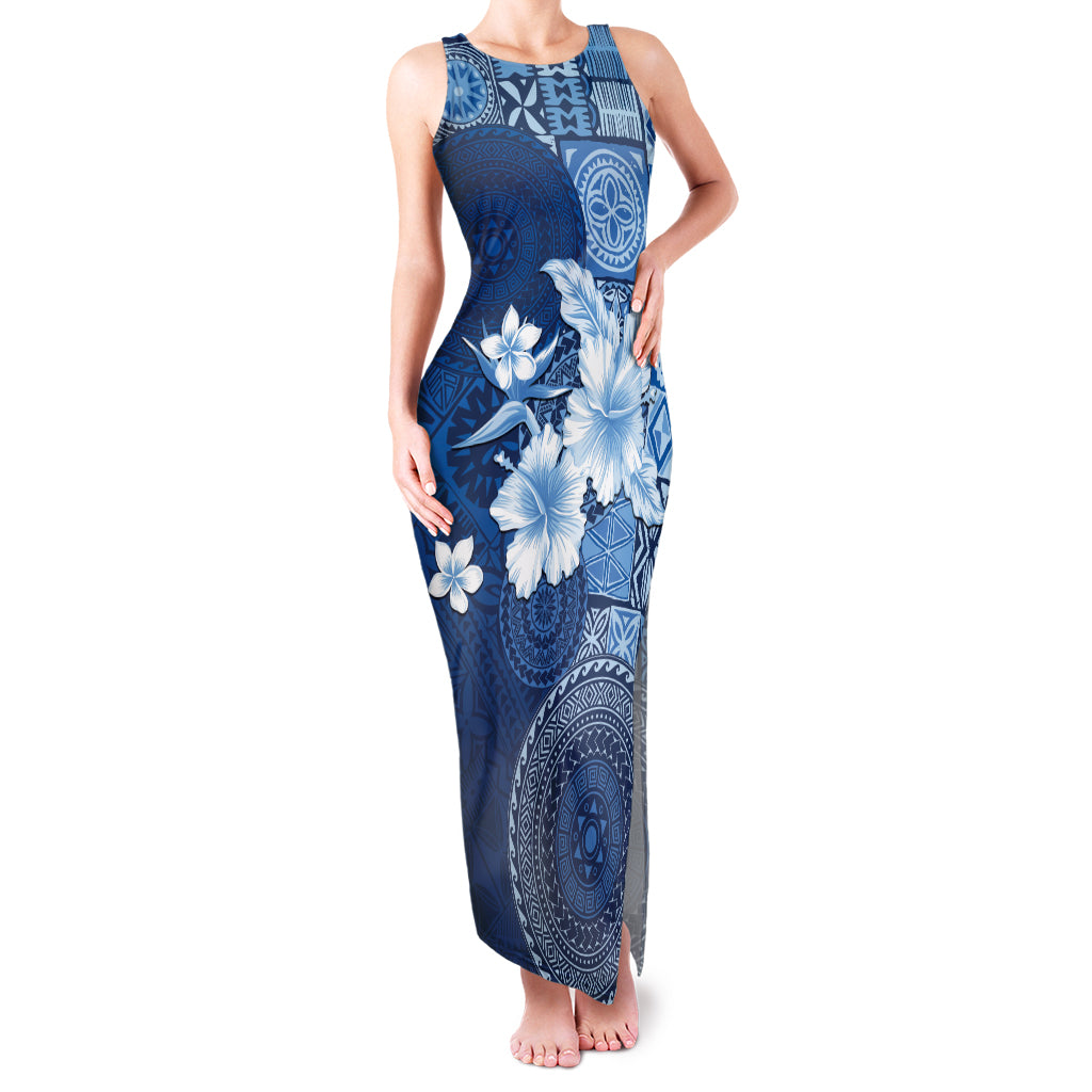 Hawaii Tapa Pattern With Navy Hibiscus Family Matching Tank Maxi Dress and Hawaiian Shirt