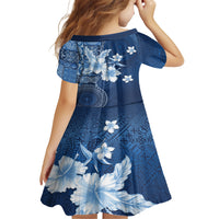 Hawaii Tapa Pattern With Navy Hibiscus Kid Short Sleeve Dress