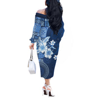 Hawaii Tapa Pattern With Navy Hibiscus Off The Shoulder Long Sleeve Dress