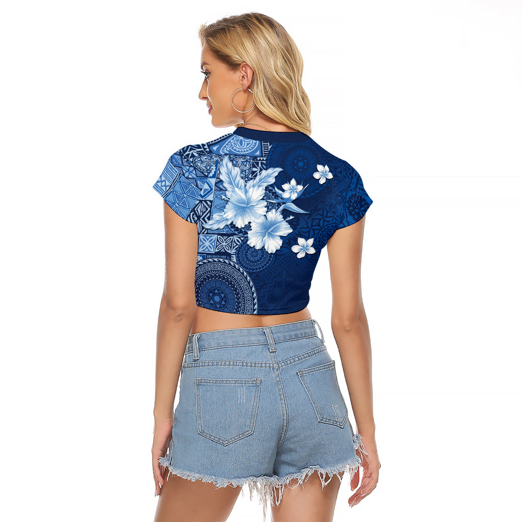 Hawaii Tapa Pattern With Navy Hibiscus Raglan Cropped T Shirt