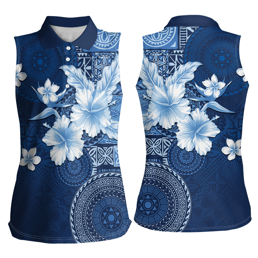 Hawaii Tapa Pattern With Navy Hibiscus Women Sleeveless Polo Shirt