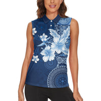Hawaii Tapa Pattern With Navy Hibiscus Women Sleeveless Polo Shirt