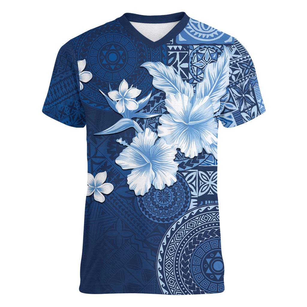 Hawaii Tapa Pattern With Navy Hibiscus Women V-Neck T-Shirt