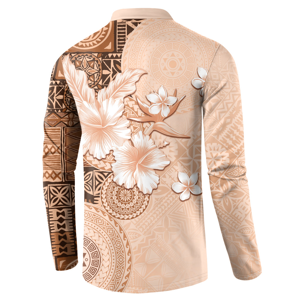 Hawaii Tapa Pattern With Brown Hibiscus Button Sweatshirt