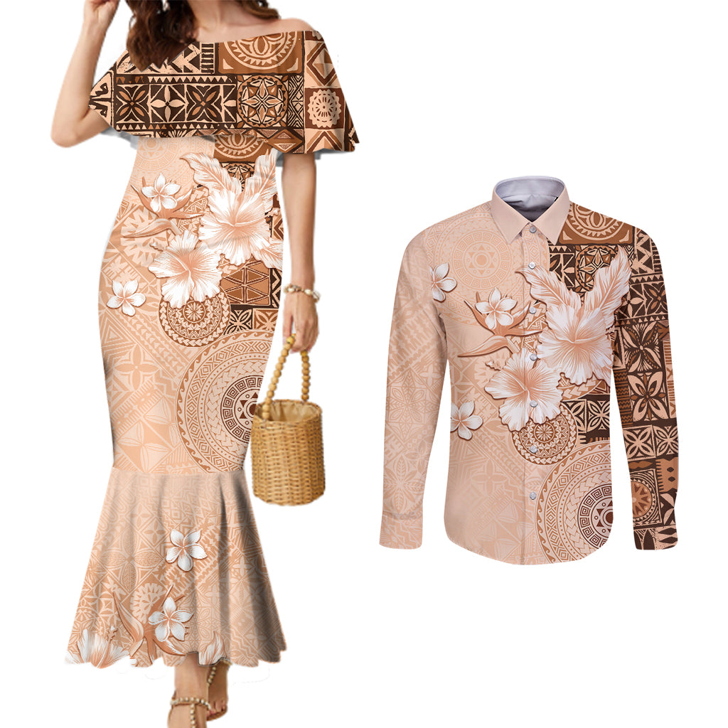 Hawaii Tapa Pattern With Brown Hibiscus Couples Matching Mermaid Dress and Long Sleeve Button Shirt