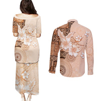 Hawaii Tapa Pattern With Brown Hibiscus Couples Matching Puletasi and Long Sleeve Button Shirt