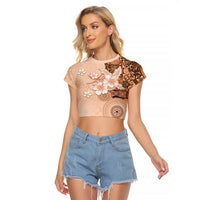Hawaii Tapa Pattern With Brown Hibiscus Raglan Cropped T Shirt