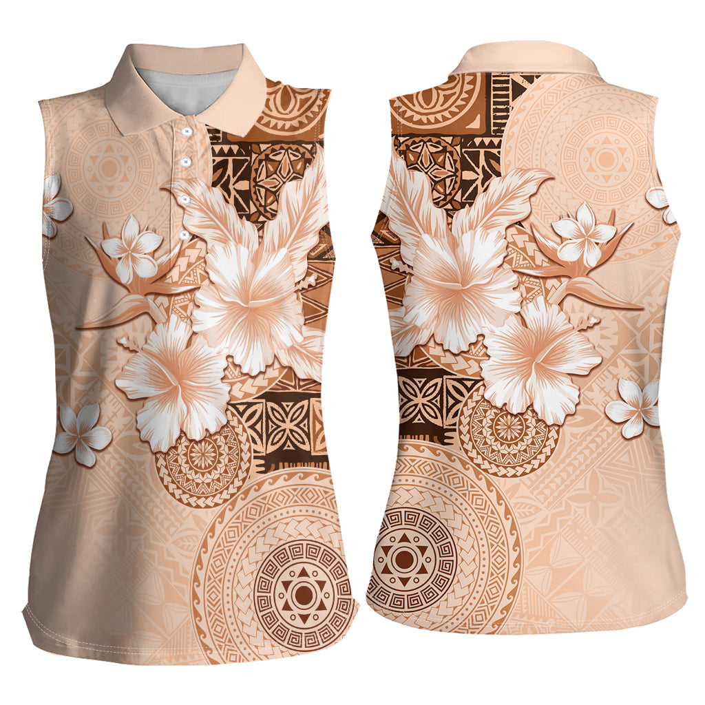 Hawaii Tapa Pattern With Brown Hibiscus Women Sleeveless Polo Shirt