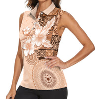 Hawaii Tapa Pattern With Brown Hibiscus Women Sleeveless Polo Shirt