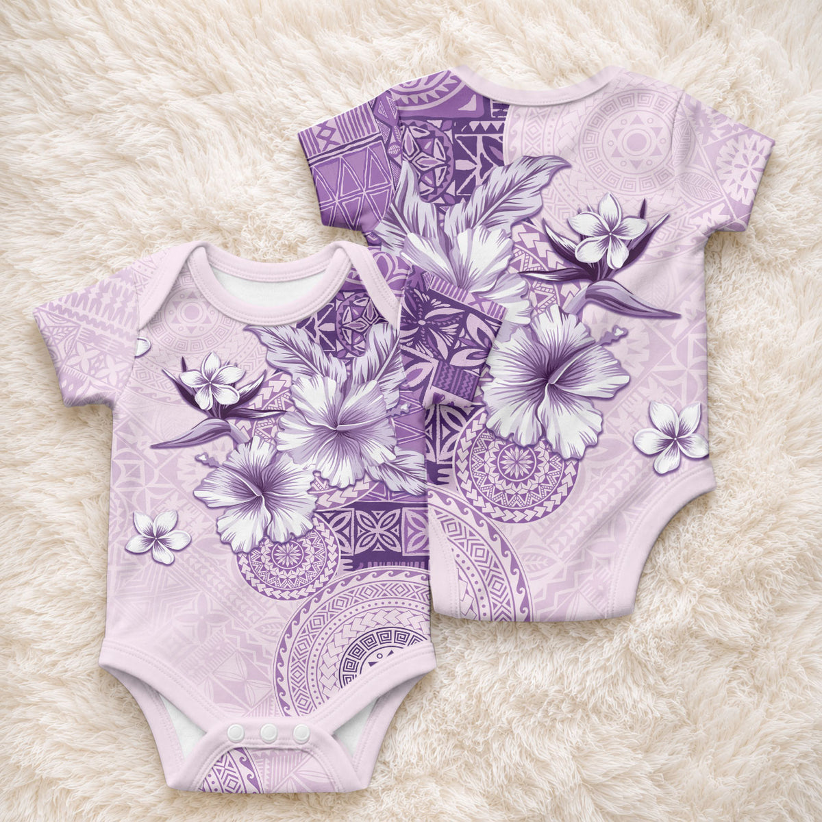 Hawaii Tapa Pattern With Violet Hibiscus Baby Onesie LT05 - Polynesian Pride