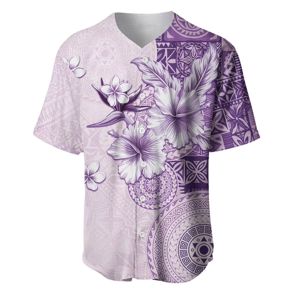 Hawaii Tapa Pattern With Violet Hibiscus Baseball Jersey LT05 Violet - Polynesian Pride