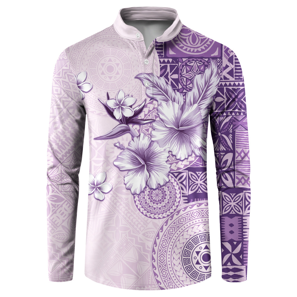 Hawaii Tapa Pattern With Violet Hibiscus Button Sweatshirt