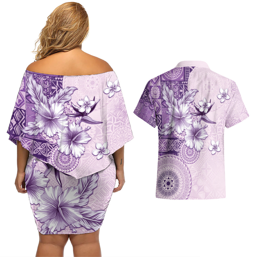 Hawaii Tapa Pattern With Violet Hibiscus Couples Matching Off Shoulder Short Dress and Hawaiian Shirt
