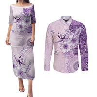 Hawaii Tapa Pattern With Violet Hibiscus Couples Matching Puletasi and Long Sleeve Button Shirt
