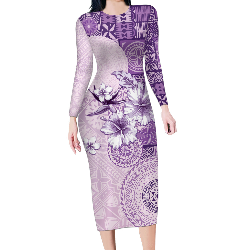 Hawaii Tapa Pattern With Violet Hibiscus Family Matching Long Sleeve Bodycon Dress and Hawaiian Shirt