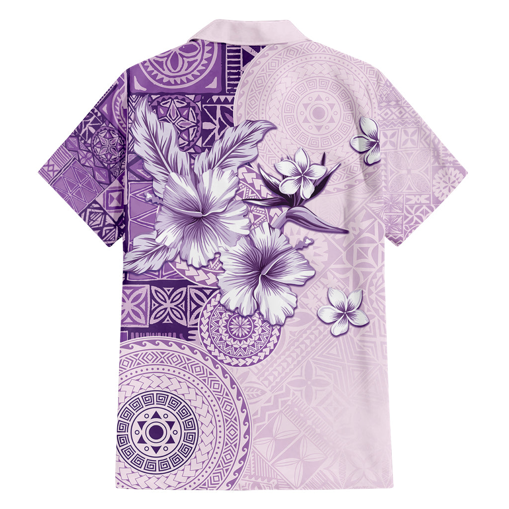 Hawaii Tapa Pattern With Violet Hibiscus Family Matching Off Shoulder Maxi Dress and Hawaiian Shirt