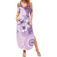 Hawaii Tapa Pattern With Violet Hibiscus Family Matching Summer Maxi Dress and Hawaiian Shirt LT05 Mom's Dress Violet - Polynesian Pride