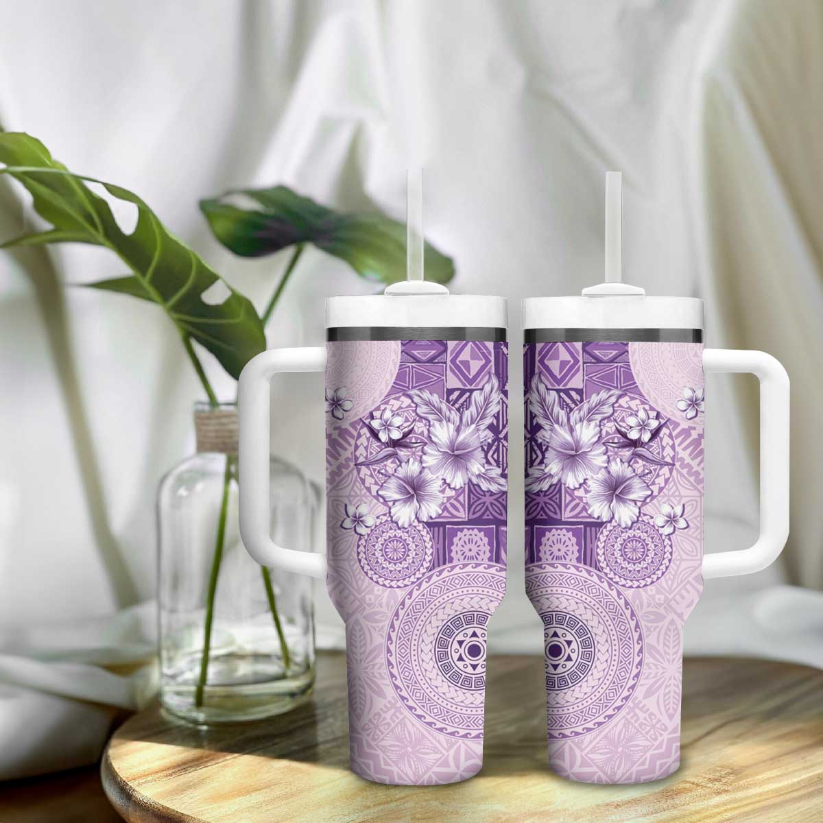 Hawaii Tapa Pattern With Violet Hibiscus Tumbler With Handle LT05 - Polynesian Pride