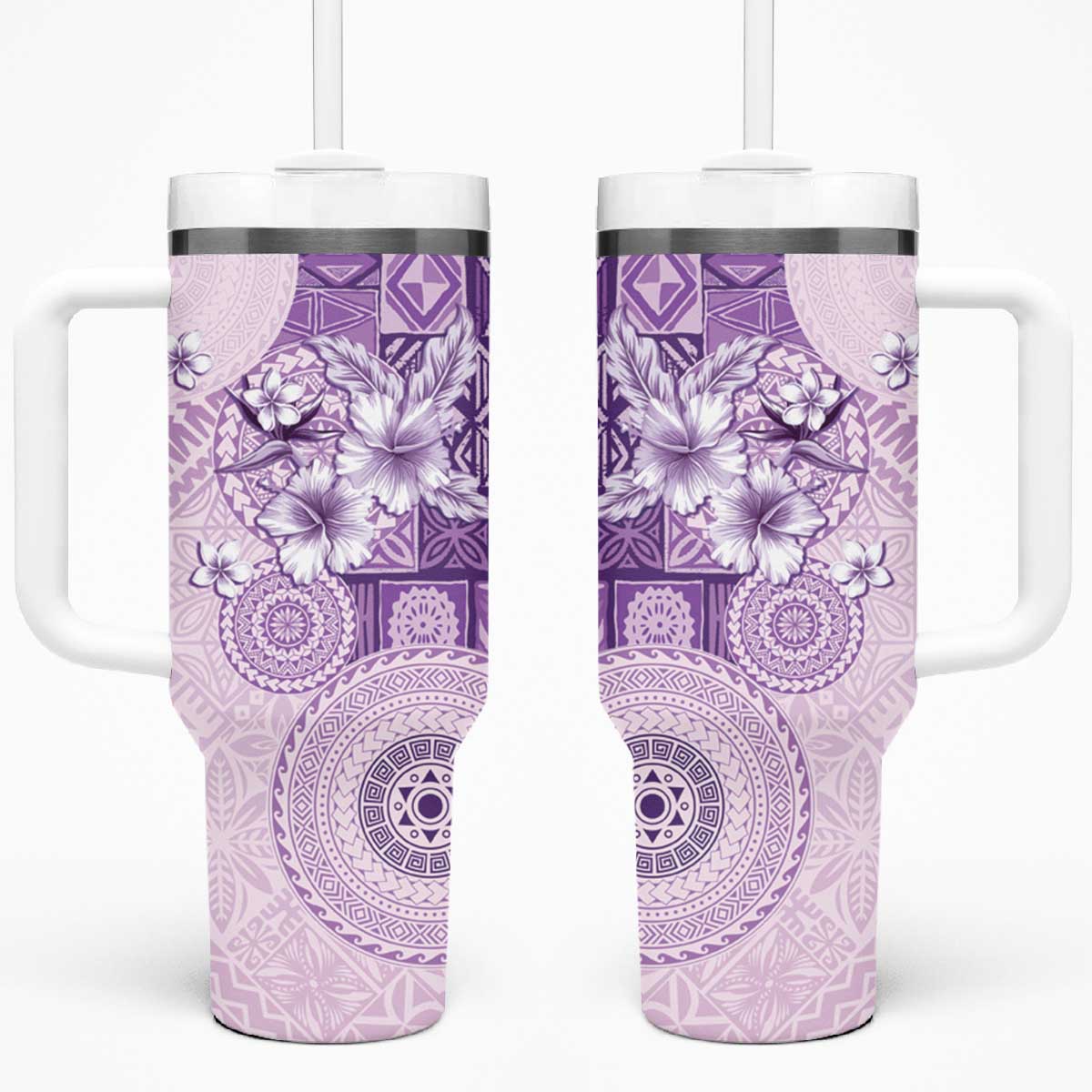 Hawaii Tapa Pattern With Violet Hibiscus Tumbler With Handle LT05 One Size: 40 oz Violet - Polynesian Pride