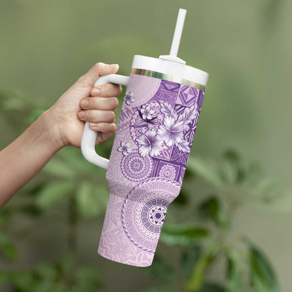 Hawaii Tapa Pattern With Violet Hibiscus Tumbler With Handle LT05 - Polynesian Pride