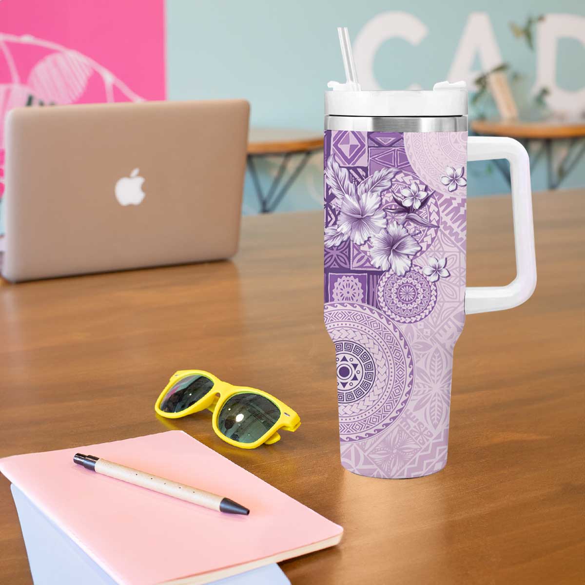 Hawaii Tapa Pattern With Violet Hibiscus Tumbler With Handle LT05 - Polynesian Pride