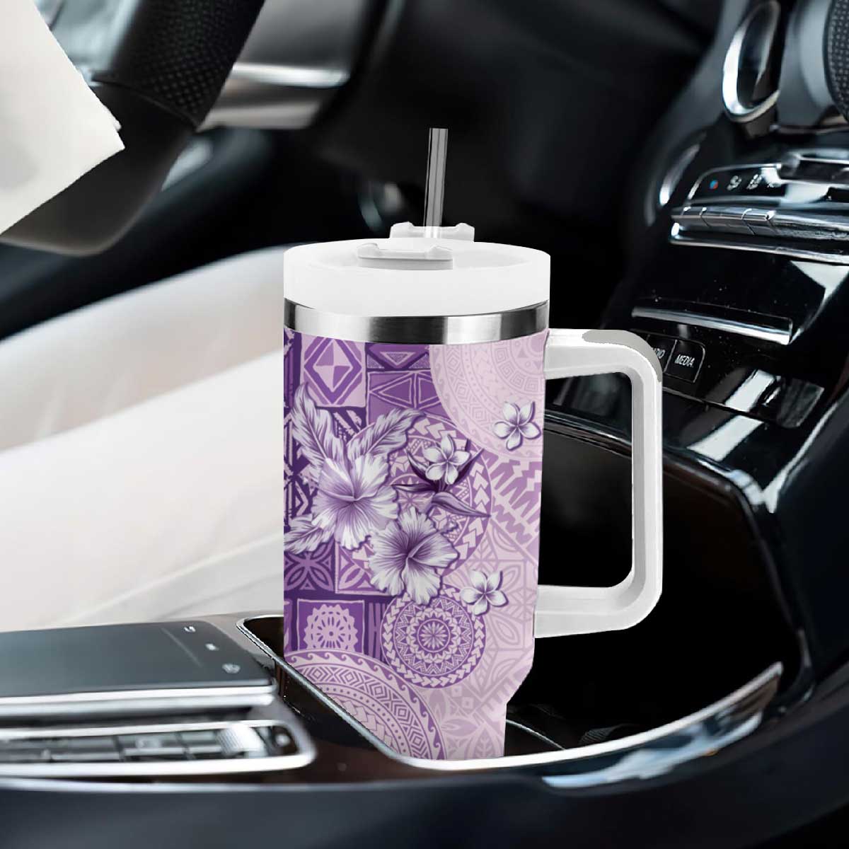 Hawaii Tapa Pattern With Violet Hibiscus Tumbler With Handle LT05 - Polynesian Pride