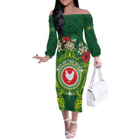 Personalized American Samoa Manua Cession Day Family Matching Off The Shoulder Long Sleeve Dress and Hawaiian Shirt Up Up The Moa LT05 Mom's Dress Green - Polynesian Pride