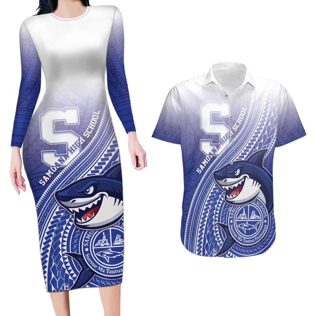 Personalized Samoana High School Couples Matching Long Sleeve Bodycon Dress and Hawaiian Shirt Polynesian Tribal Shark