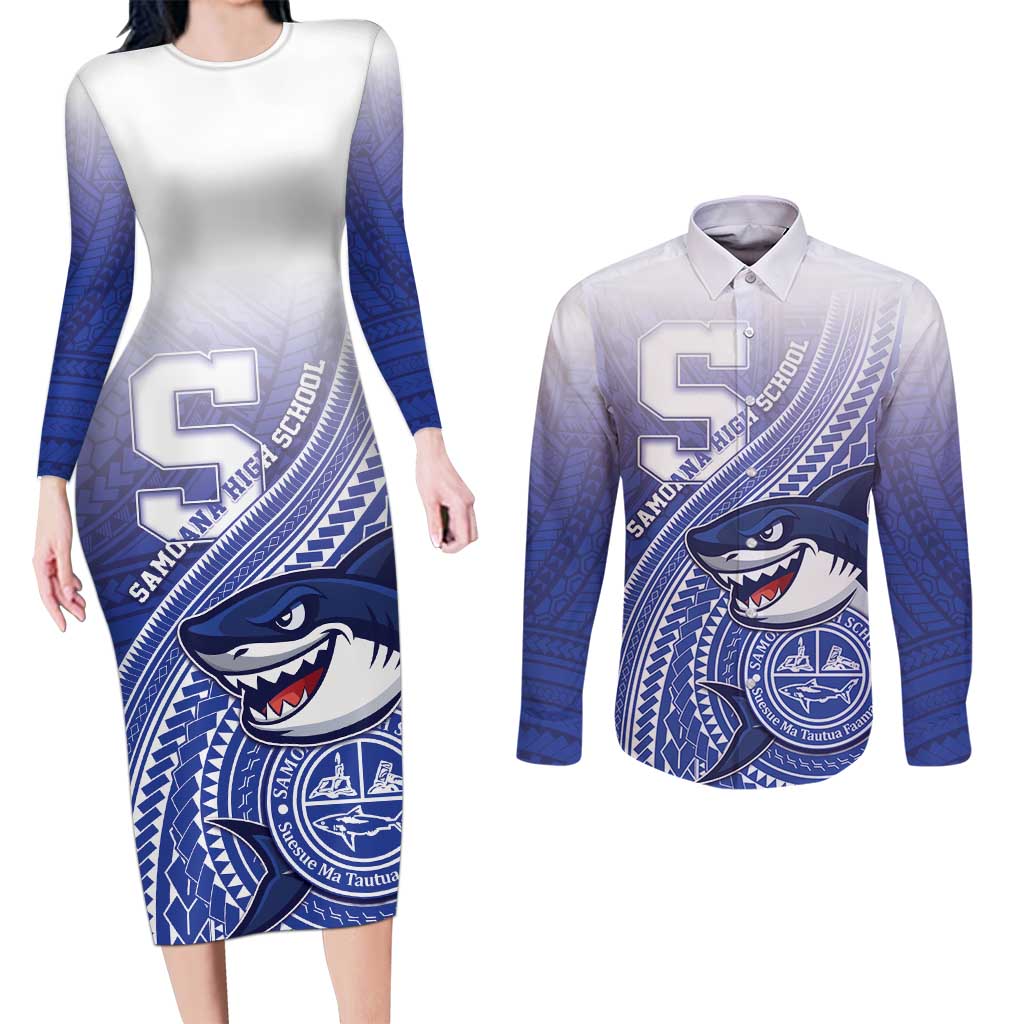 Personalized Samoana High School Couples Matching Long Sleeve Bodycon Dress and Long Sleeve Button Shirt Polynesian Tribal Shark