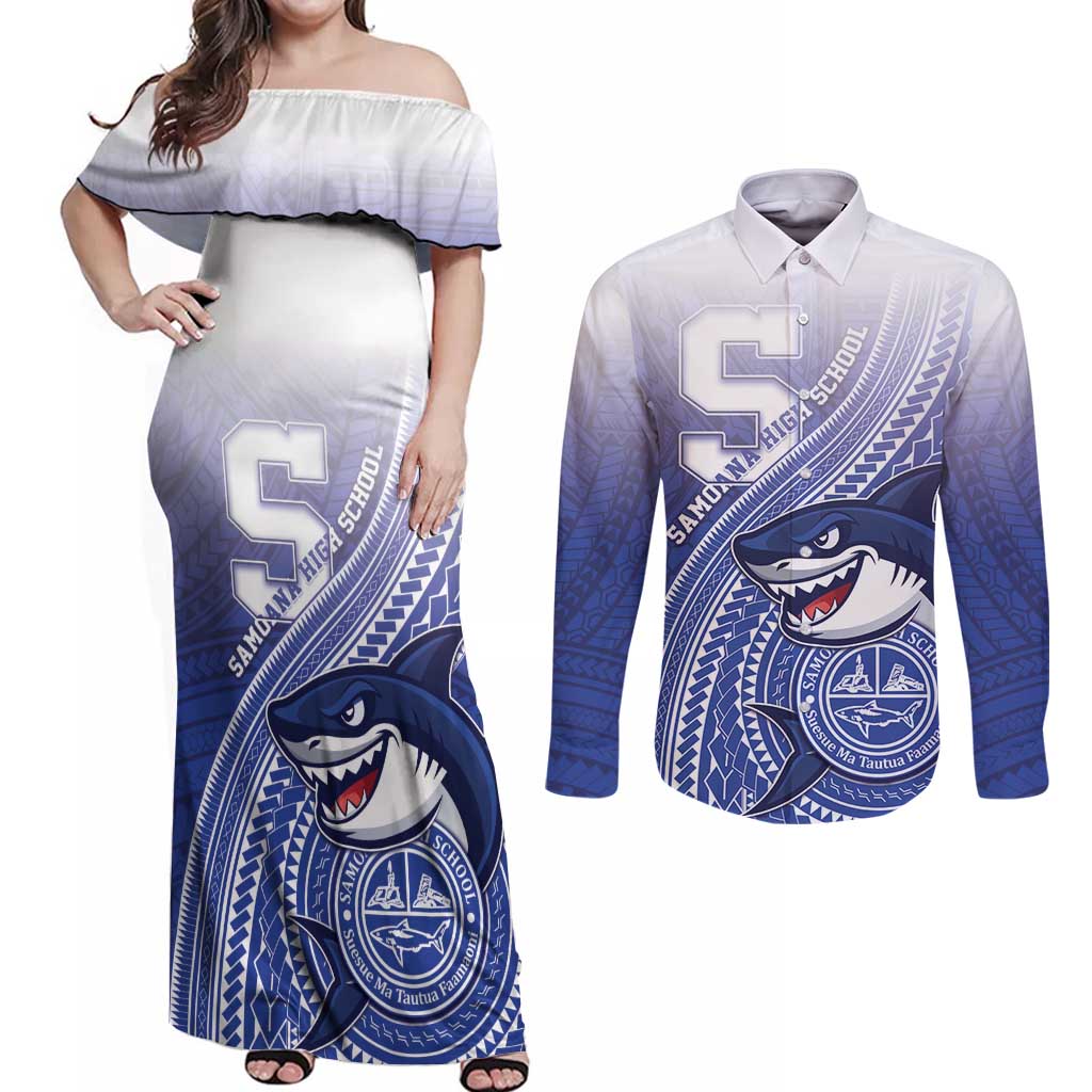 Personalized Samoana High School Couples Matching Off Shoulder Maxi Dress and Long Sleeve Button Shirt Polynesian Tribal Shark
