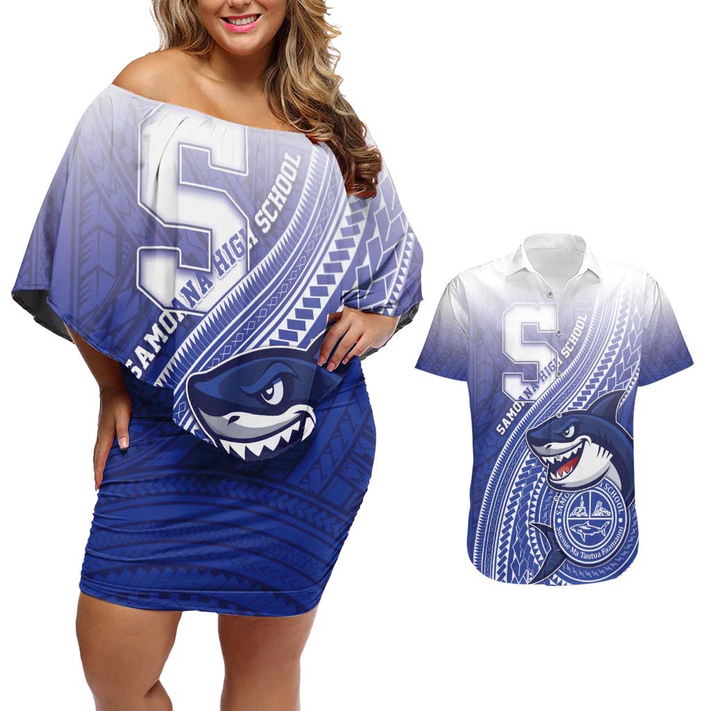 Personalized Samoana High School Couples Matching Off Shoulder Short Dress and Hawaiian Shirt Polynesian Tribal Shark